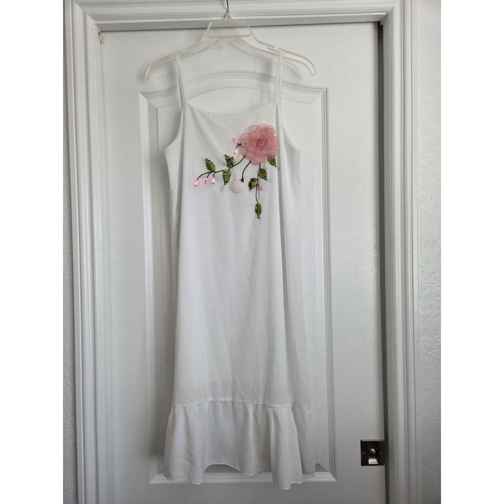 White Slip Dress Handmade Ribbon Floral Embroidery‎ Applique Strappy Sz S/M